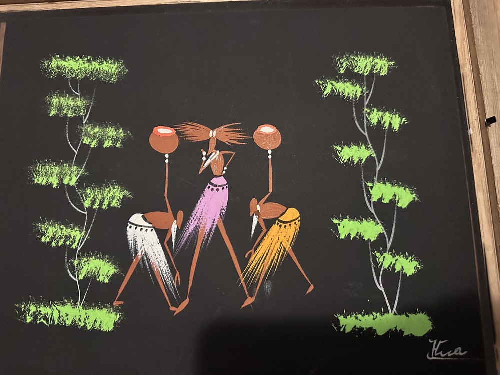Vintage 60s Nigerian African Painting Mid Century signed drums 11x14 framed