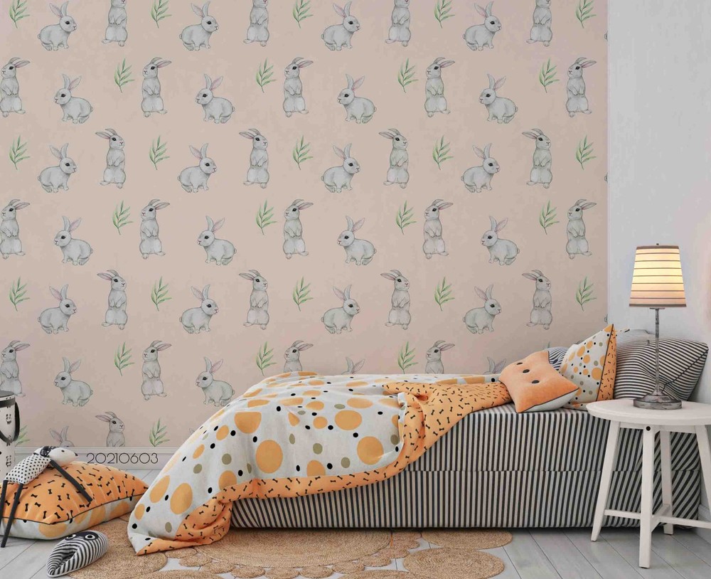 3D Rabbit Leaves Watercolor Pattern Wall Murals Wallpaper Murals Wall Sticker