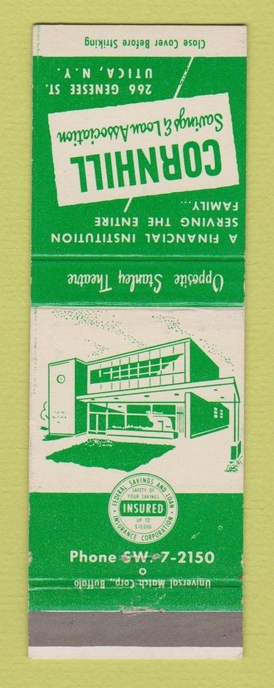 Matchbook Cover - Cornhill Savings Loan Utica NY