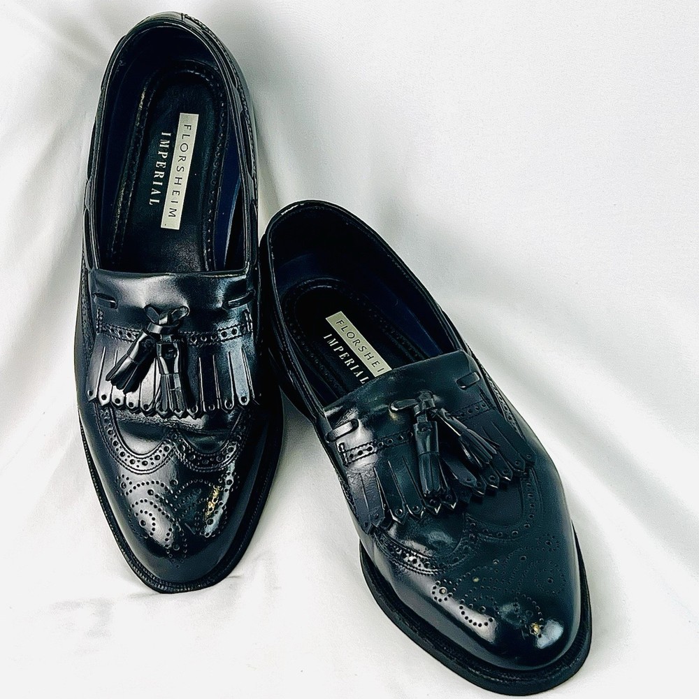 Florsheim Imperial Tassel Loafers Wingtip Black Leather 10.5 D USA