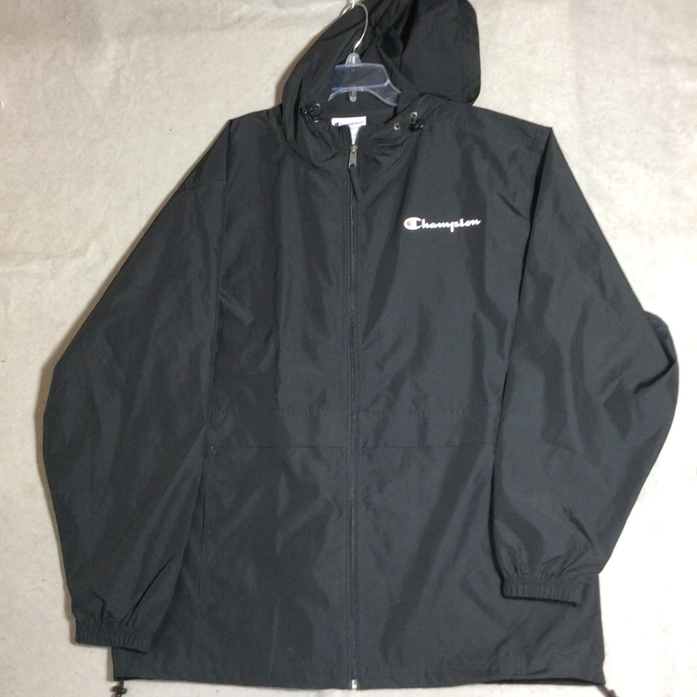 Champion Windbreaker Men's XL Black Jacket Hooded Logo Pockets Drawcord Full Zip