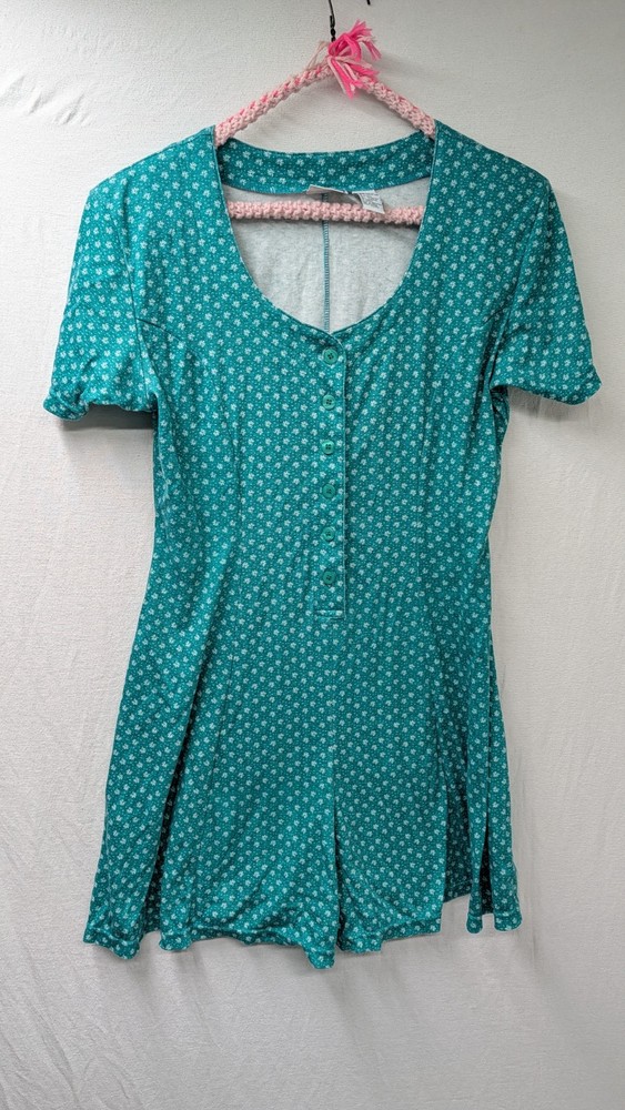 90s Y2K Basic Editions Women's Button Front  Floral Romper Size L Teal