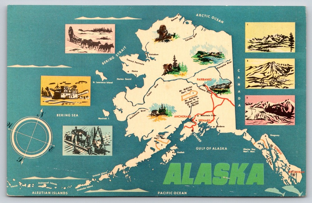 Alaska~State Map~Bering Strait~Fairbanks~Anchorage~Nome~Kotzebue~1950s Postcard