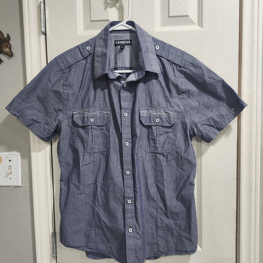 Express Men’s Fitted Short Sleeve Shirt M 15-15.5 Blue Stripe 100% Cotton...