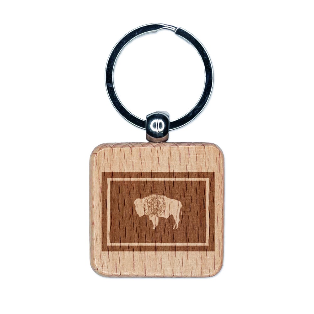 Wyoming State Flag Engraved Wood Square Keychain Tag Charm