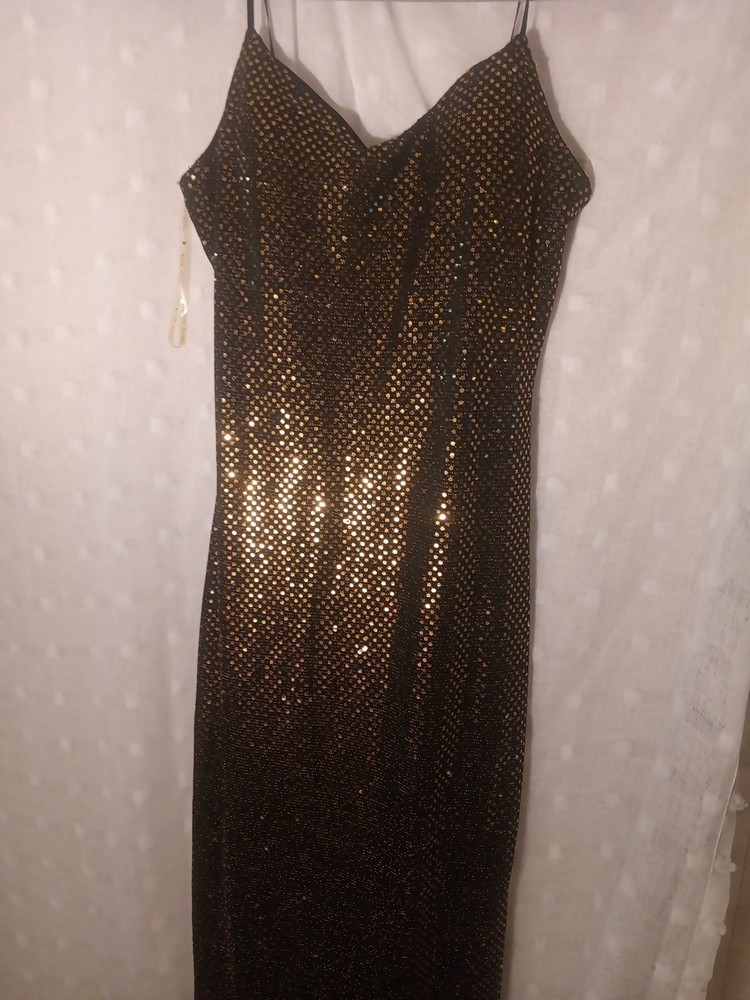 Long Sequin Evening Gown Sleeveless Black Gold Sequin Size XL