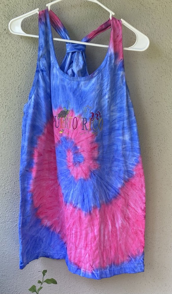 Super Store Blue Pink Tie-Dye Embroidered Turtle Seahorse Tank Women's XL