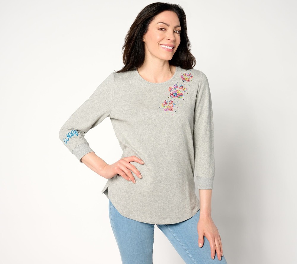 Quacker Factory Women's Top Sz XL Petal Paws French Terry Gray A647874