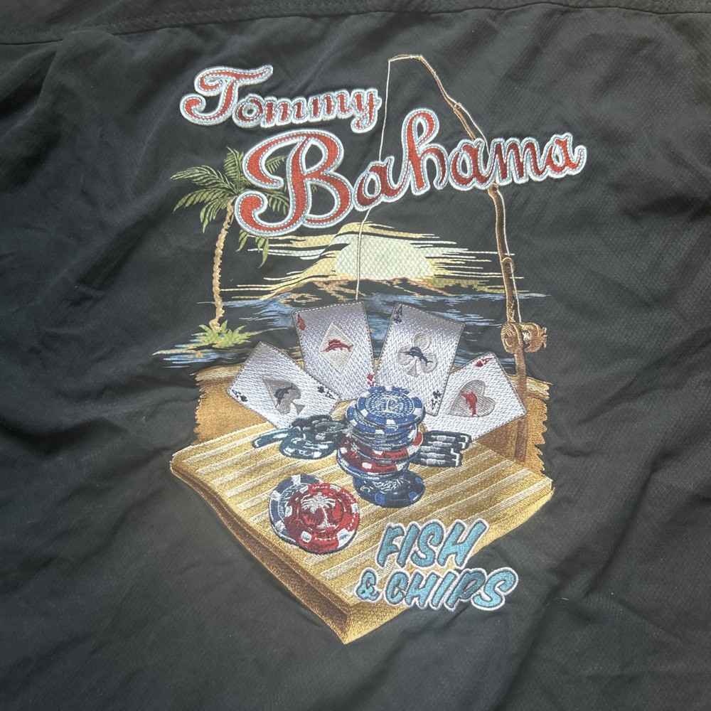 Tommy Bahama Shirt Mens XL Black “Fish And Chips” Poker Embroidered Silk Beach