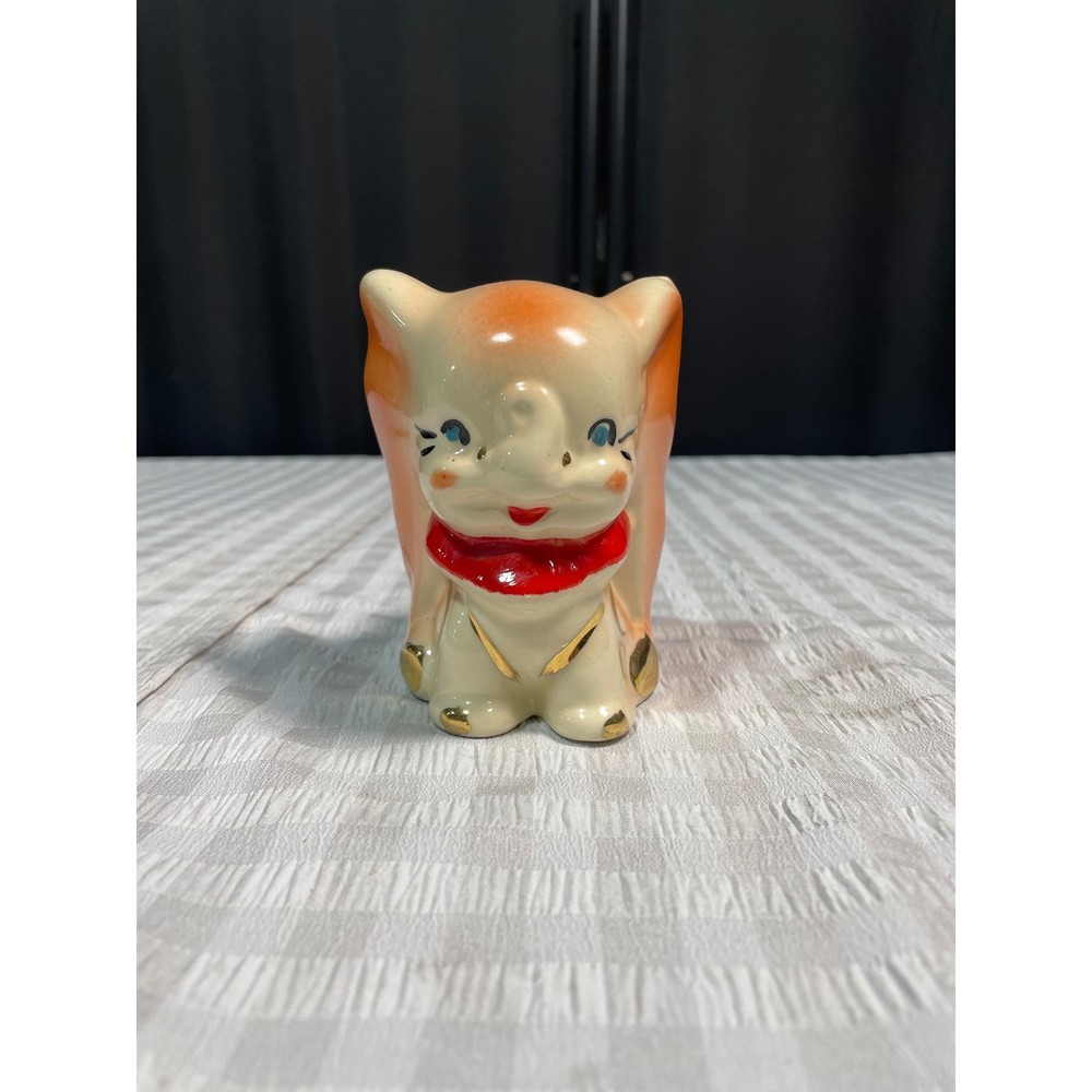 Vintage Ceramic Elephant Planter Mid Century Kitsch Gold Gilt Orange Cream 1950s