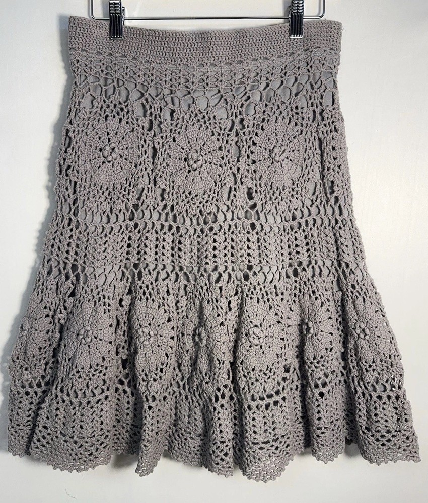 Cristina Boho Crochet Knit Skirt Medium Gray Lined Cottagecore Festival
