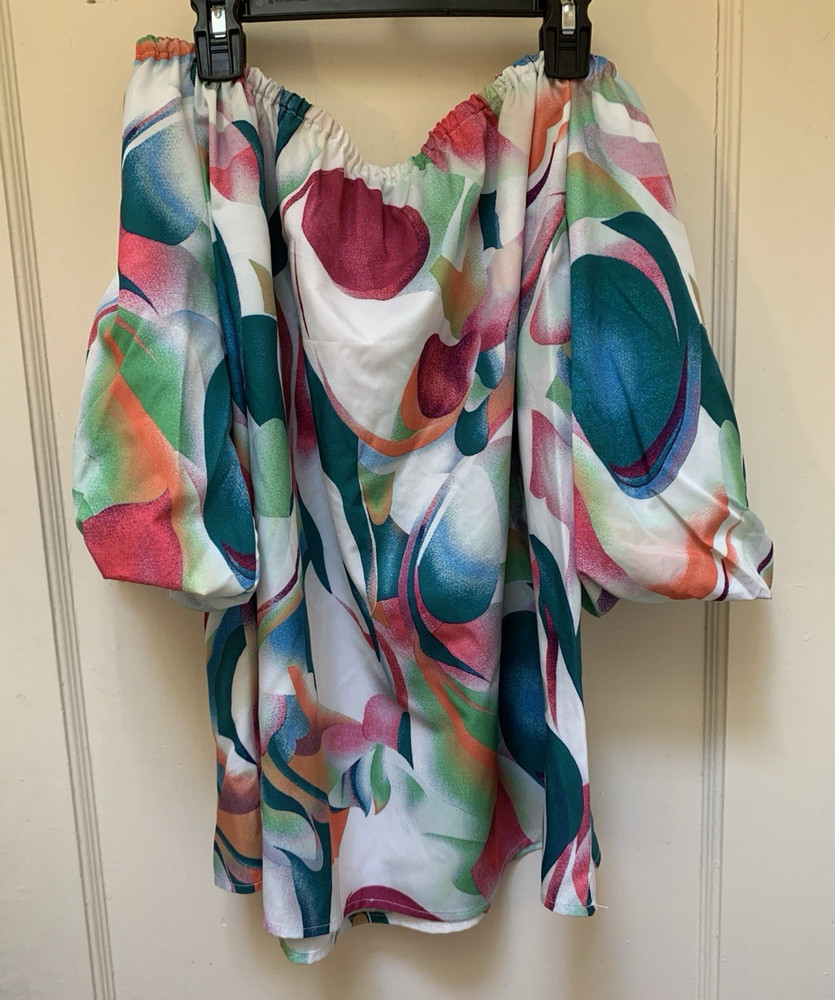 womens multicolor abstract off the shoulder puff sleeve 3/4 sleeve blouse 1XL