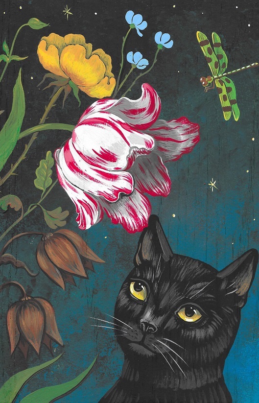 IMPRESIÓN DE PINTURA 5,25X8,25 RYTA GATO NEGRO PRIMAVERA arte popular flores jardín tulipán