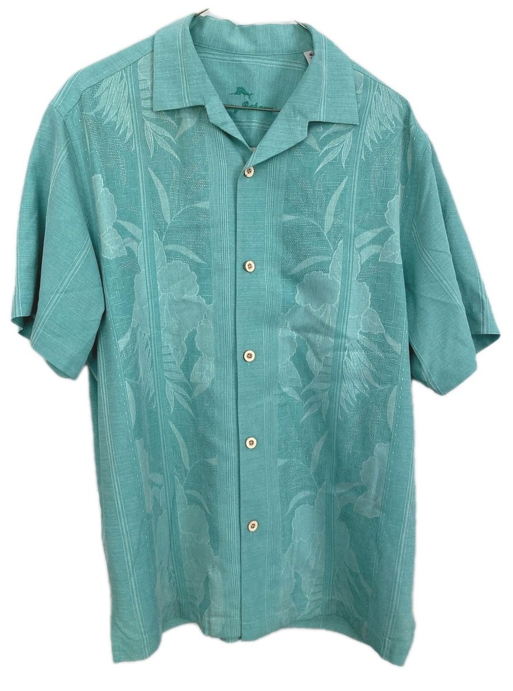 Tommy Bahama Shirt Mens M Teal Floral 100% Silk Hawaiian Camp Aloha Casual