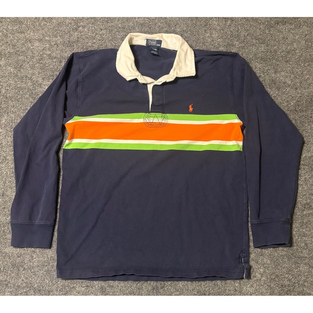 Kids Polo Ralph Lauren Rugby Shirt L 16 18 Navy Orange Green Stripe Long Sleeve