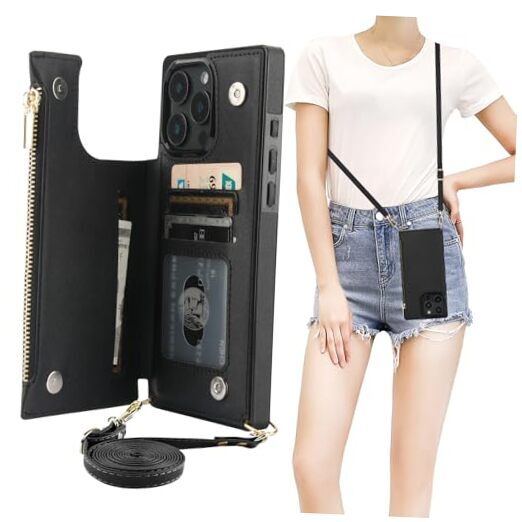 Sleek RFID-Blocking Crossbody Wallet Case for iPhone 16 Pro Max in Black