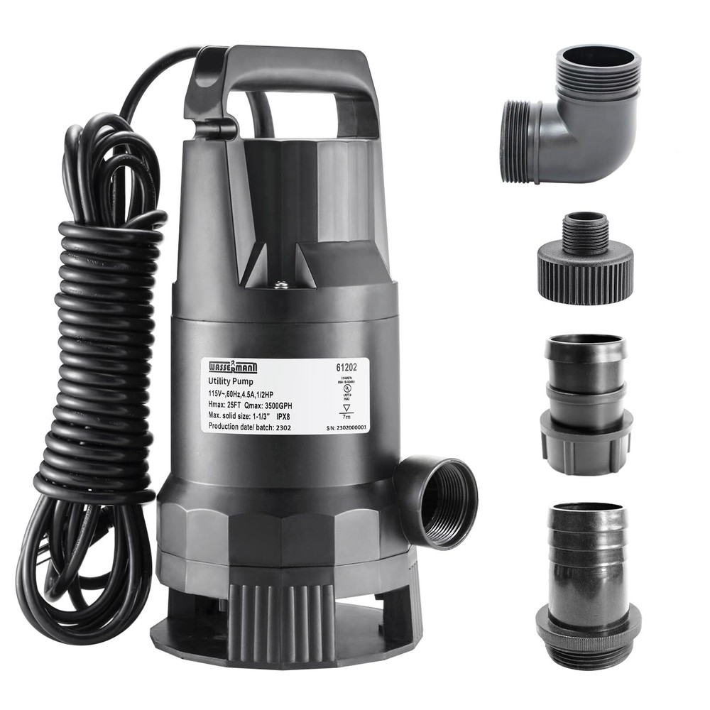 1/2HP Water Pump,3500GPH Submersible Thermoplastic Utility Pump with 10 FT Po...