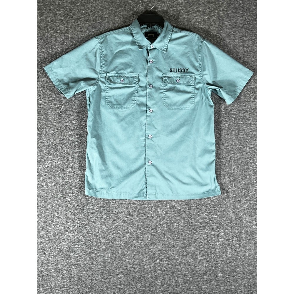 Stussy Burly Threads Men M Teal Green Short Sleeve Button Up Work Shirt Graphic