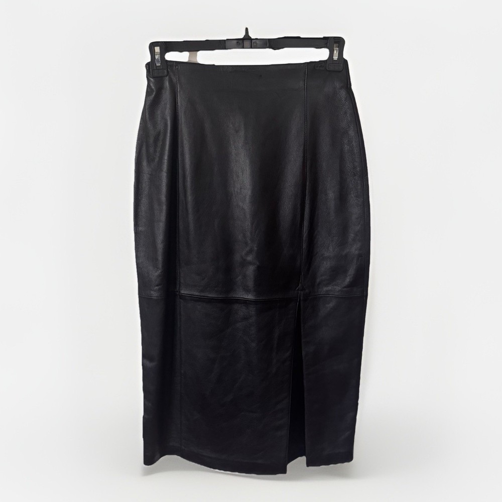 Vintage Evan Davies 90’s 100% Black Leather Pencil Midi Skirt Size 12