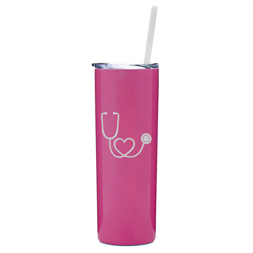 20 oz Skinny Tumbler Stainless Travel Mug w Straw Heart Stethoscope Nurse Doctor