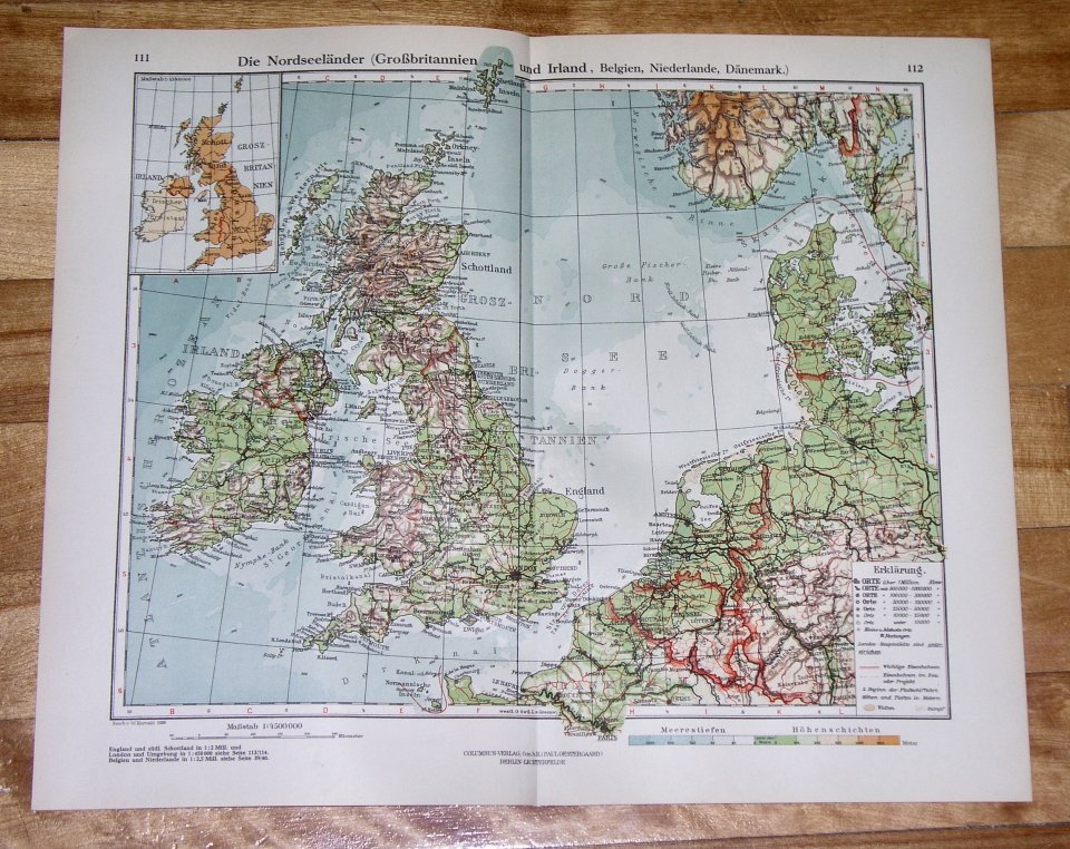 1928 Vintage Map Of United Kingdom Scotland England Ireland Holland Netherlands