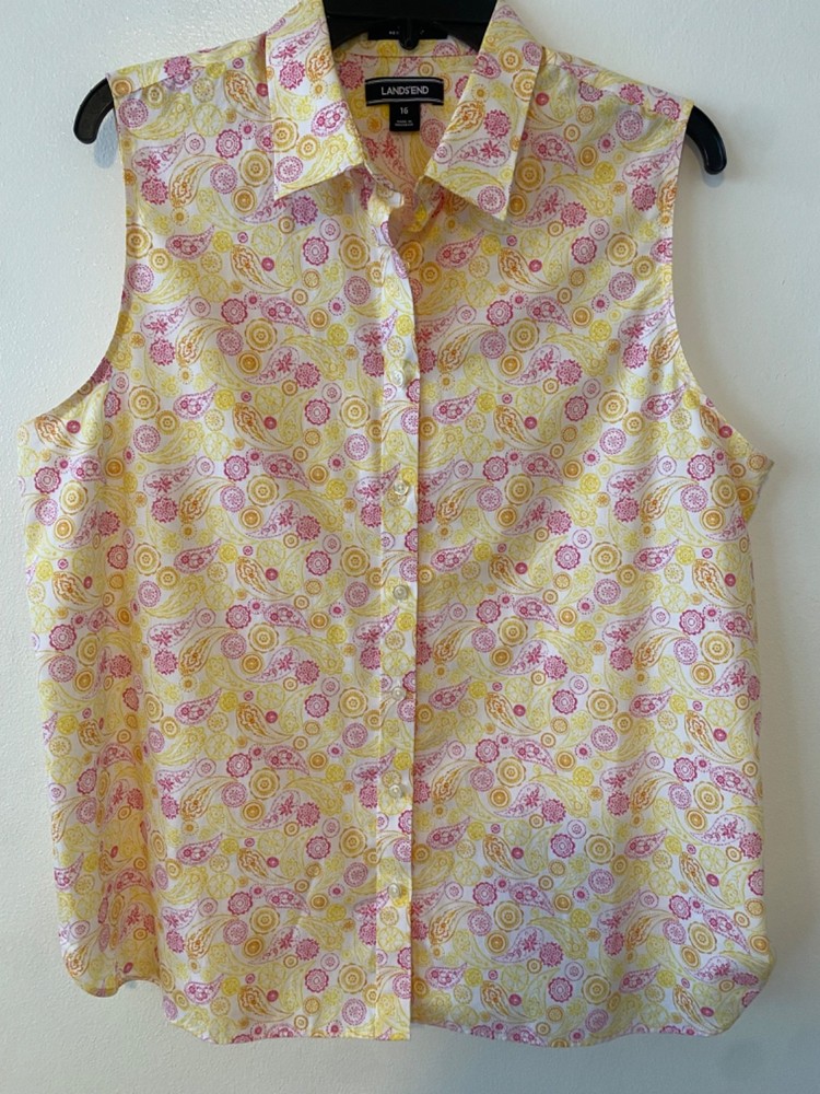 Lands End Sleeveless Paisley No Iron Supima Shirt !Button Up Shirt Summery !☀️🍋
