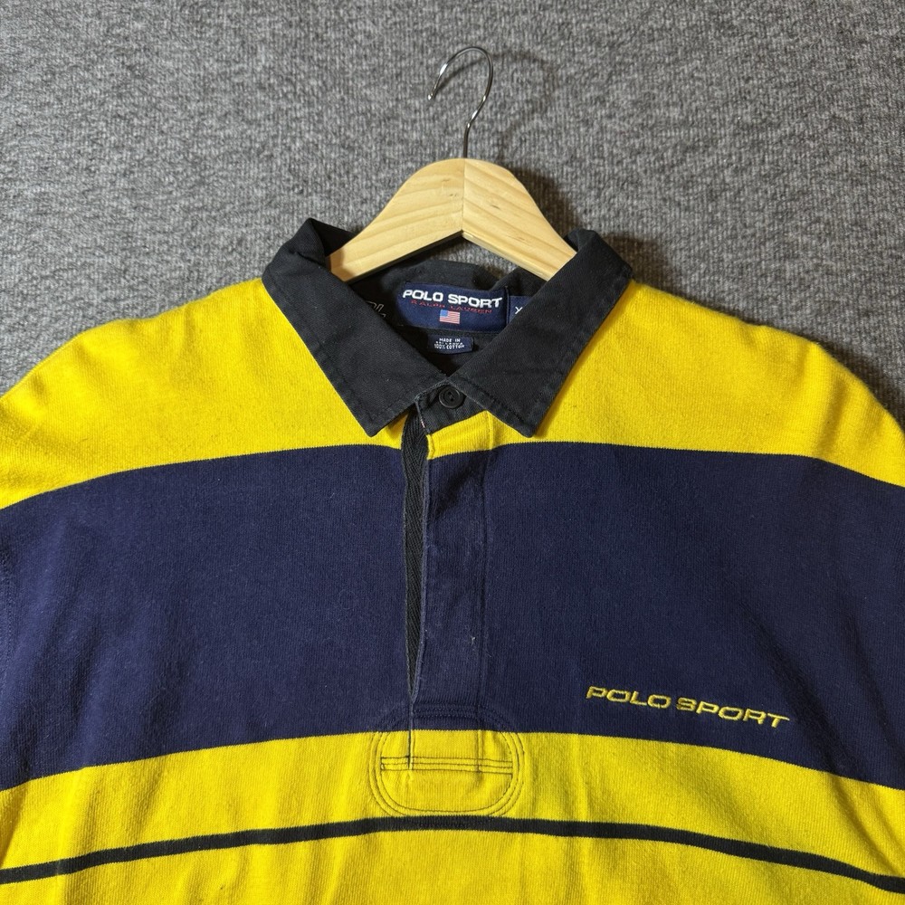 Vintage Polo Sport Rugby Shirt Mens XL Yellow Navy Striped Long Sleeve 90s