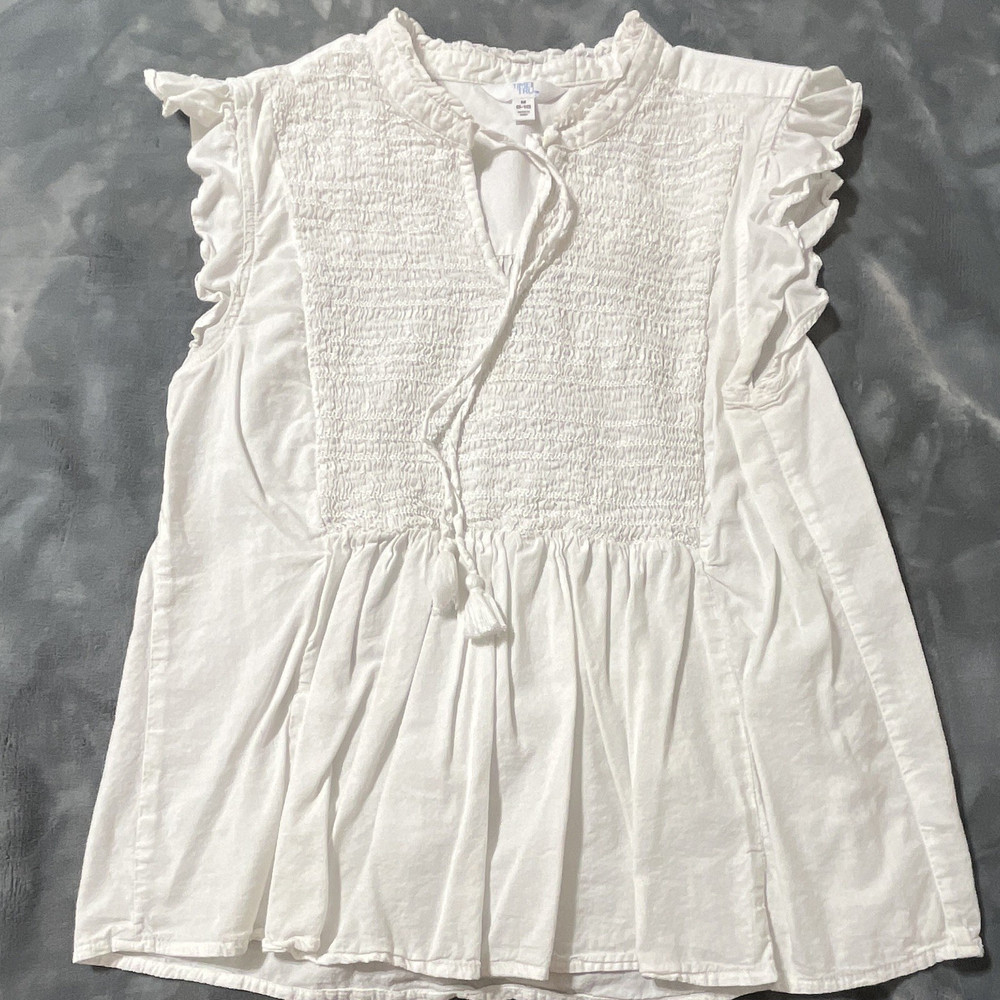 Time and Tru Girls White Sleeveless V-Neck Ruffle Tassel Tie Tunic Blouse M