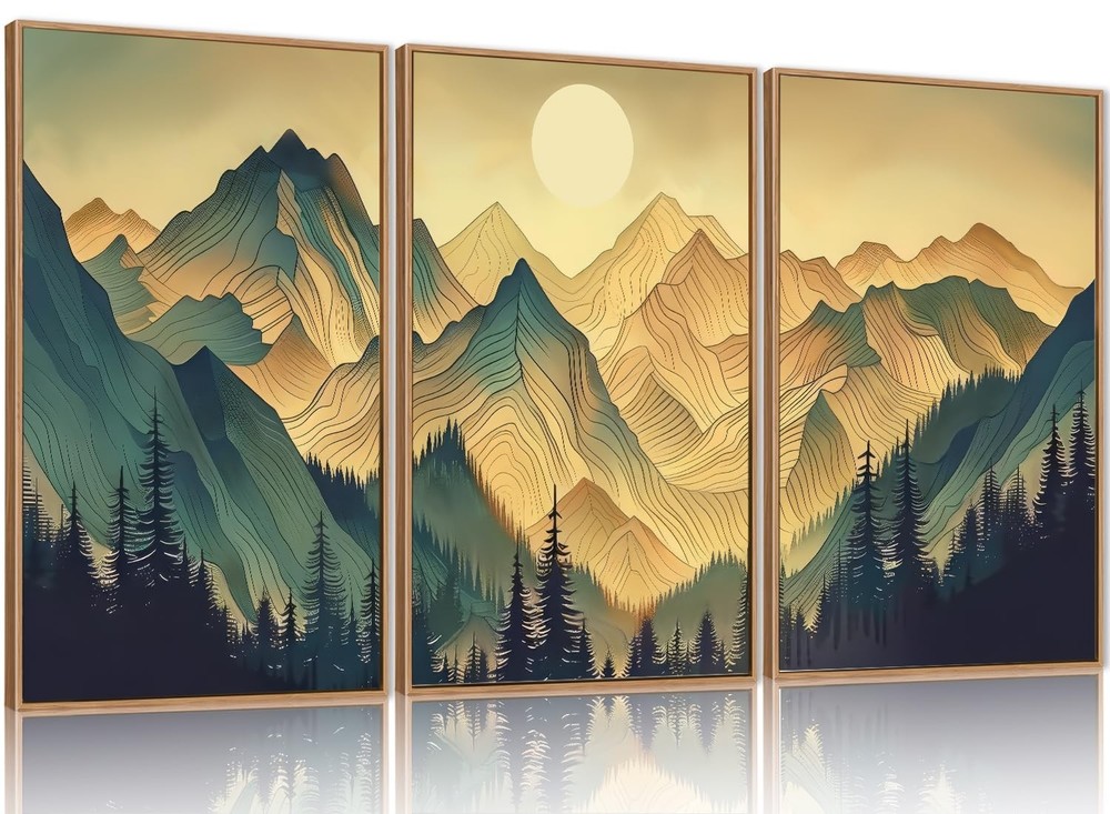 Mountains Forests Framed Canvas Wall Art Set, Abstract Woodland Painting, Boh...-image