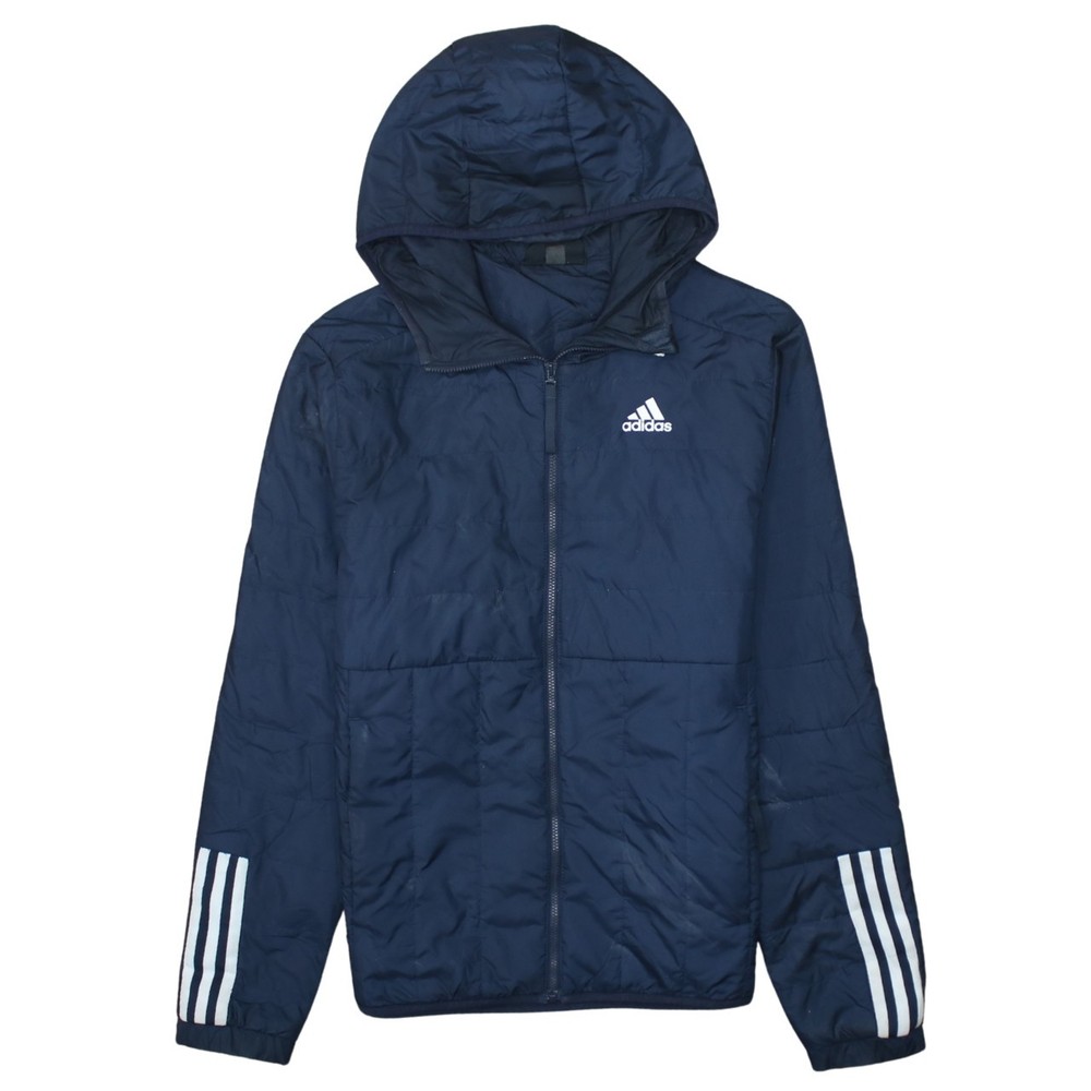 Adidas Mens Puffer Jacket Navy Blue Hooded Quilted Full Zip Three Stripes XS