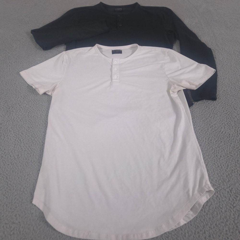 LOT OF 2 Cuts Shirt Mens L Black White Elongated PYCA Pro Curved Hem Henley