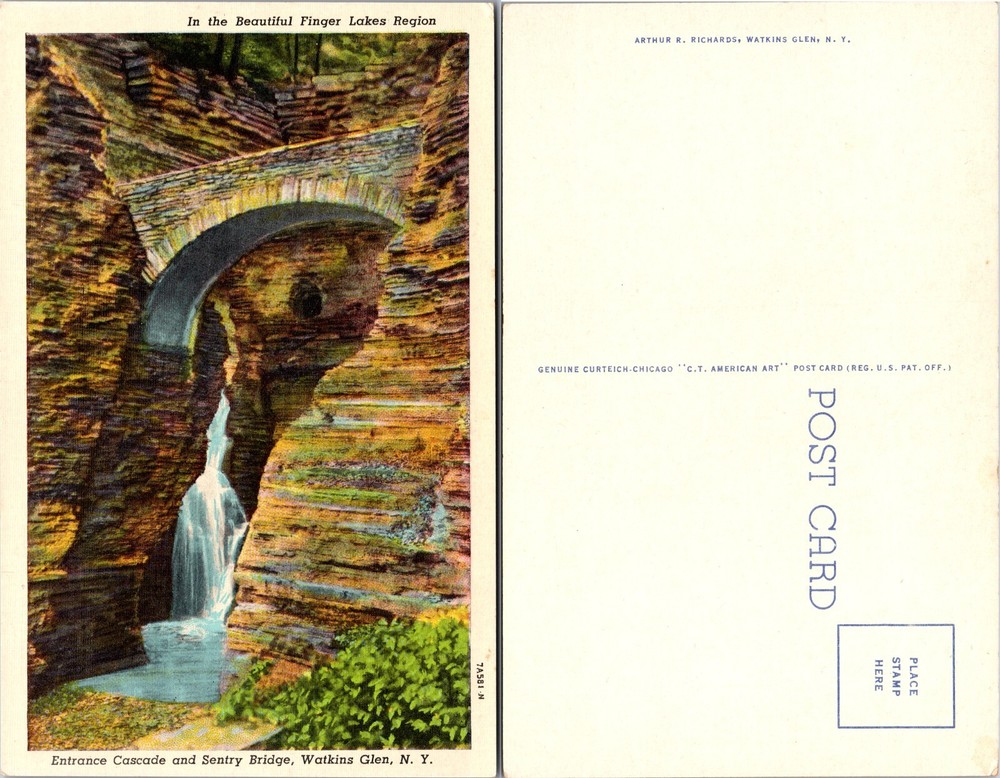 Entrance Cascade and Sentry Bridge Watkins Glen NY Postcard