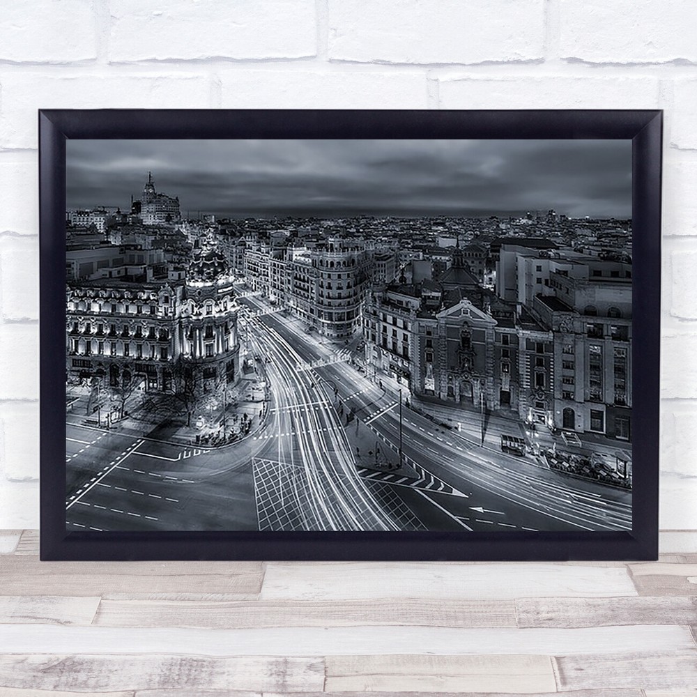 Madrid Lights Night Aerial Road Street Way Streaks Cityscape Art Print