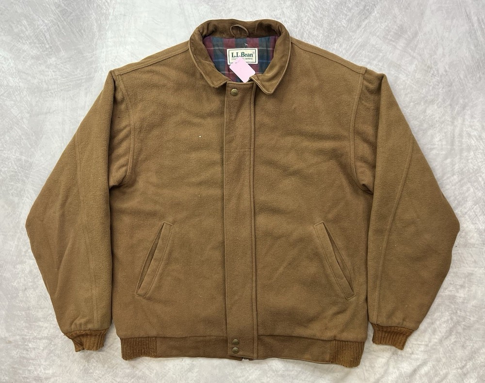 Vintage LL Bean Brown Wool Bomber Jacket Size L Plaid Lined Rare