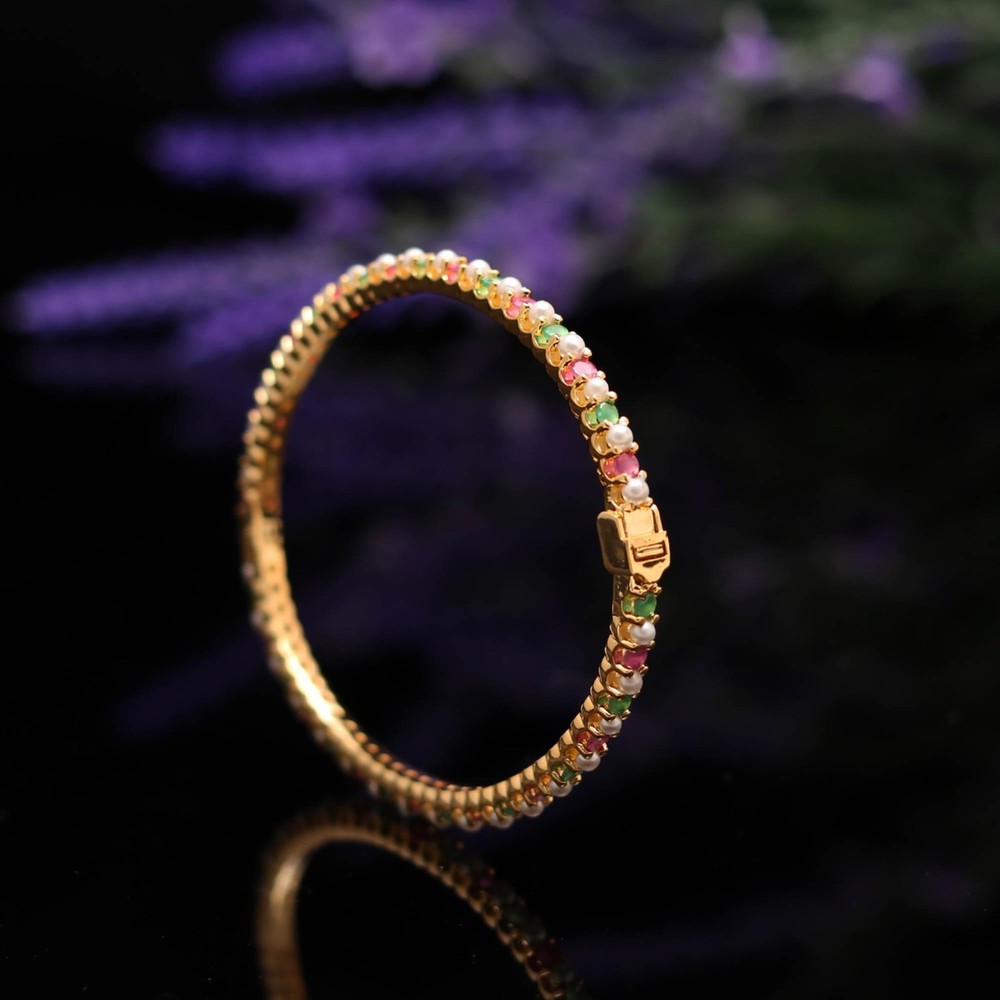 Women's Round Crystal Gemstone Tennis Bracelet : Ruby Pearl Emerald Handmade