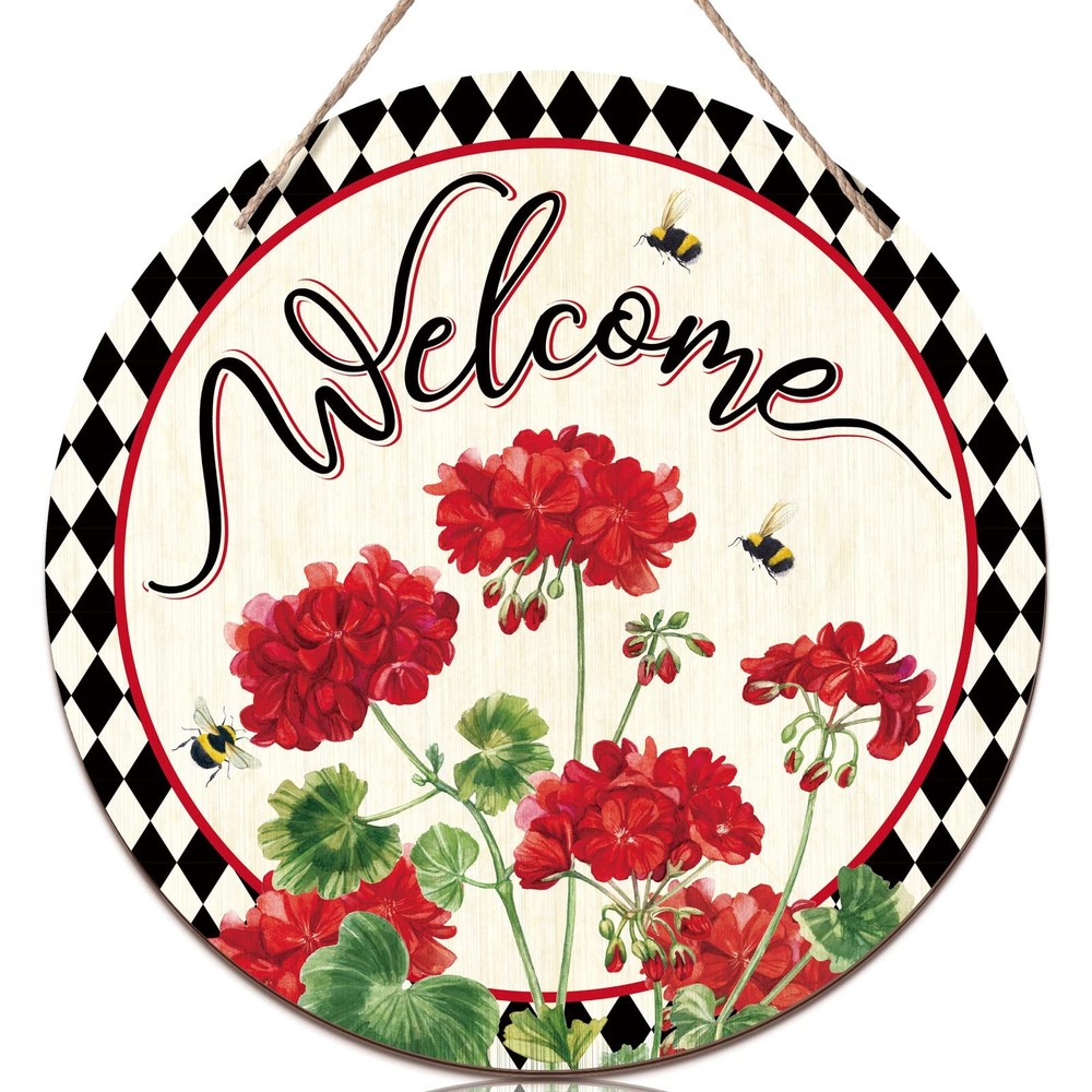Wooden Buffalo Plaid Welcome Sign Wreath for Spring Summer Front Door