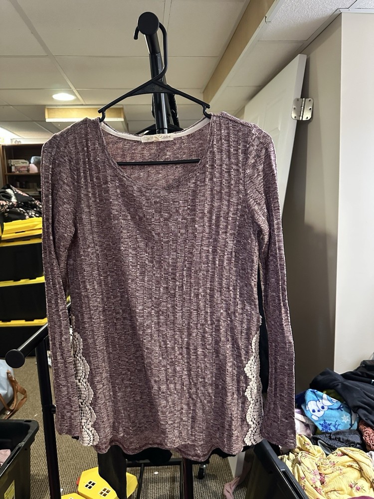 Rewind Purple White Knit Lace Accent Round Neck Long Sleeve Top Size S