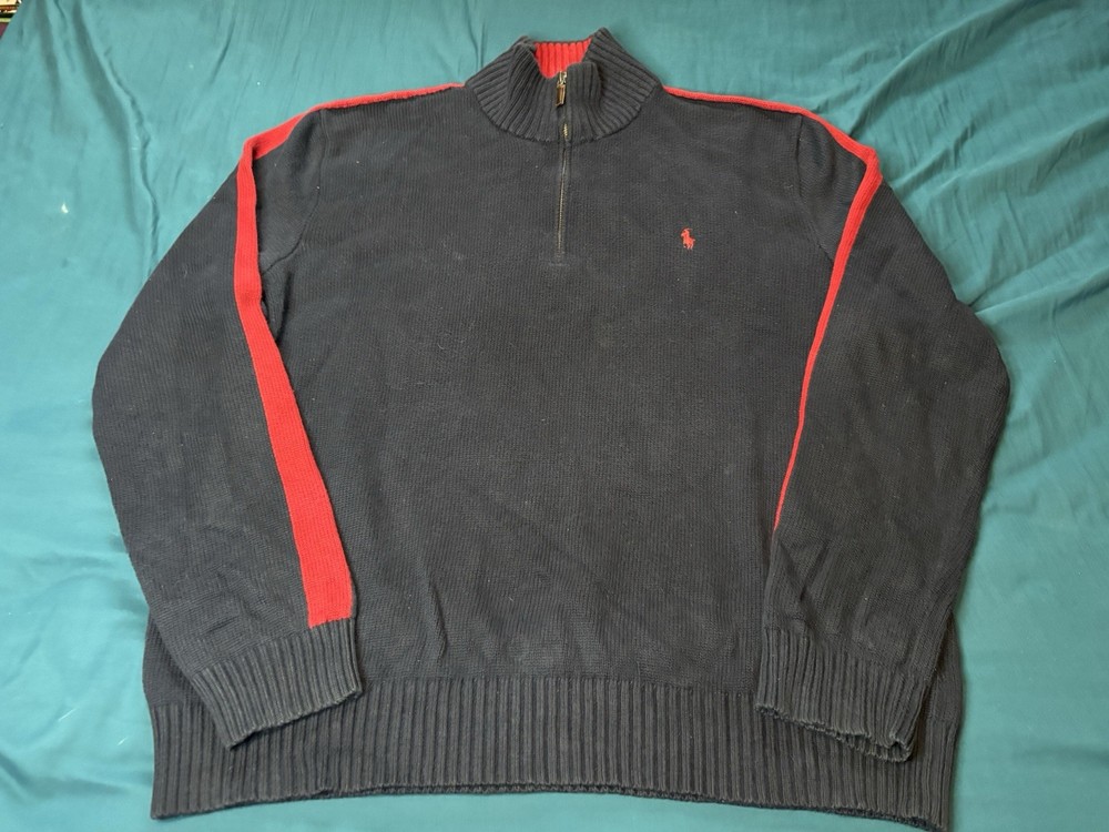 Polo Ralph Lauren Sweater Mens XL Blue Red 1/4 Zip Pullover Cotton Mock Neck