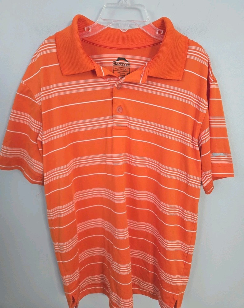 Slazenger Youth Golf Polo Shirt Orange Striped Short Sleeve Boys Medium...