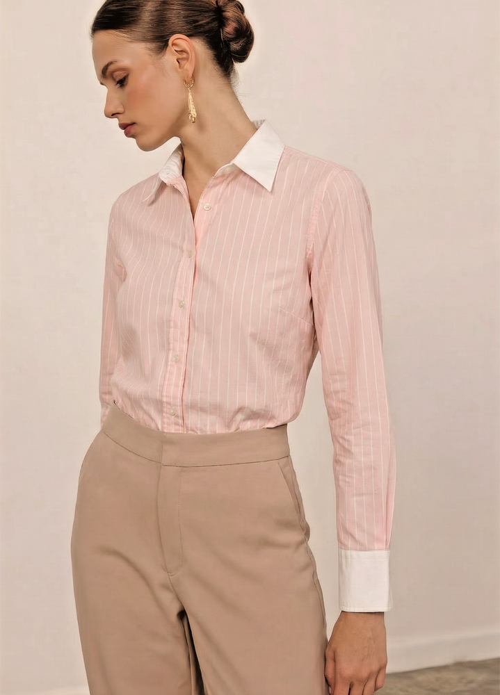 VTG Ralph Lauren Pink Stripe Button Down Shirt L White Contrast Cuffs Preppy