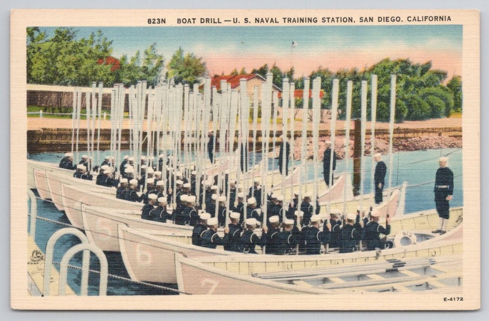 San Diego CA US Naval Training Station Boat Drill Linen Postcard