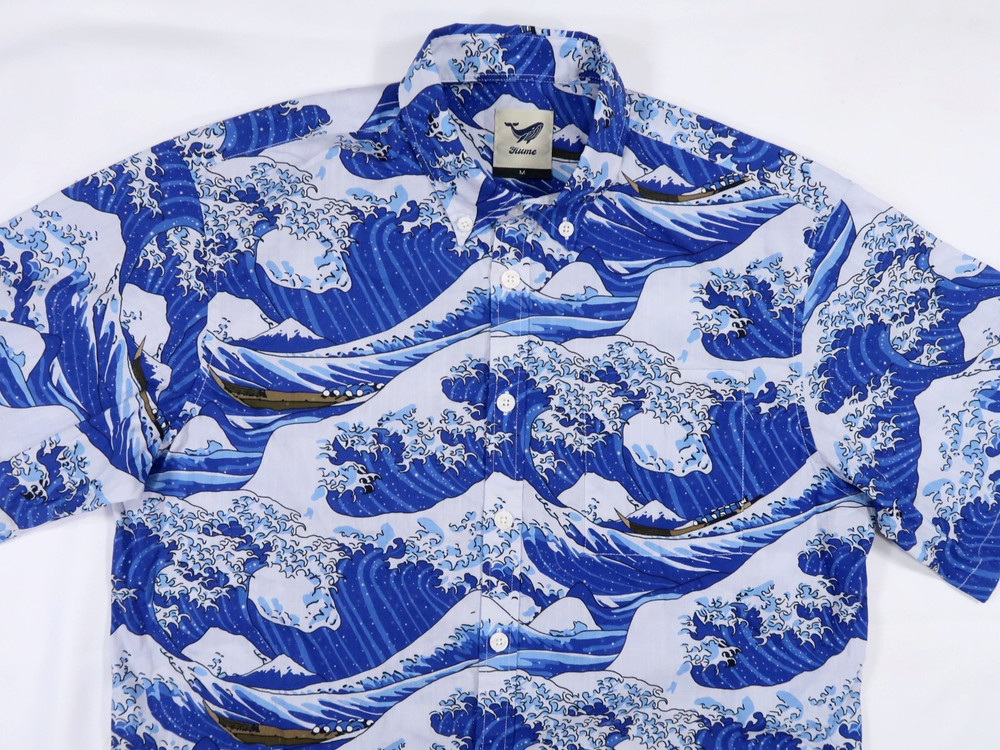 NEW Yiume Japanese Ukiyo-e Mens Medium Hawaiian Great Wave camp Button shirt SS