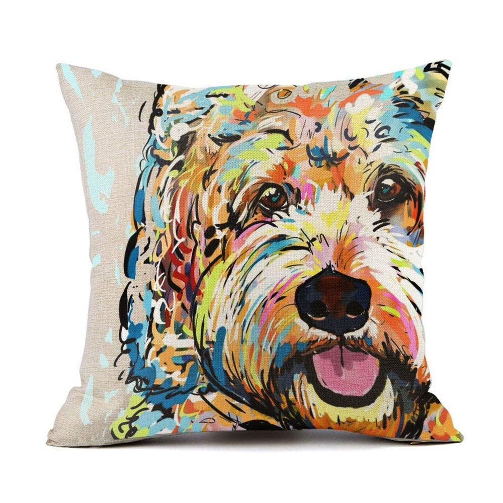 Cute Pet Goldendoodle Frise Dog Pattern Throw Pillow Covers Linen Cushion Cov...