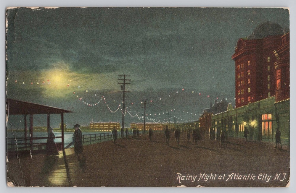 Atlantic City NJ New Jersey Rainy Night Boardwalk Antique 1909 Postcard