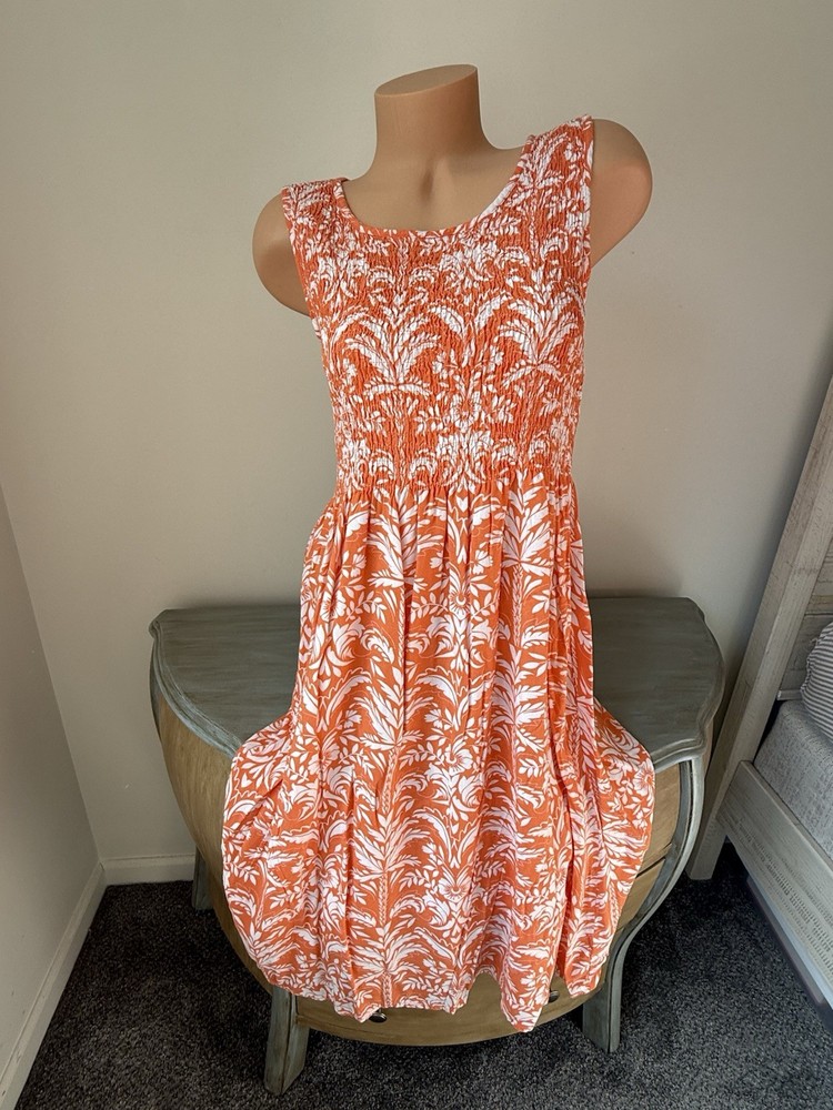 Croft & Barrow Smocked Midi Dress Sz M Orange Floral Tank Boho Rayon Pockets