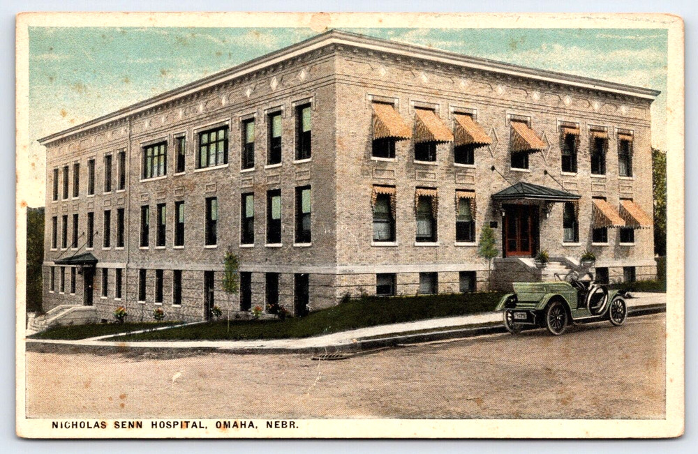 Vintage Old Antique Postcard Nicholas Senn Hospital Building Car Omaha Nebraska