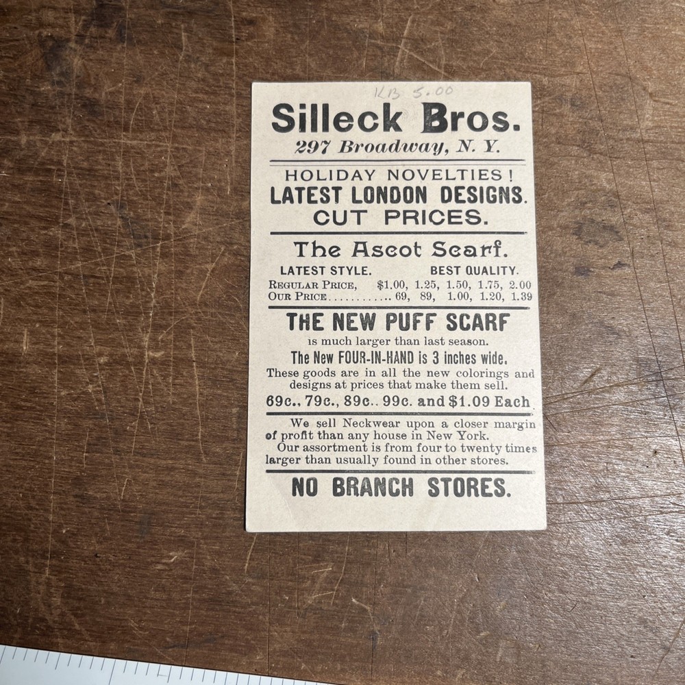 Antique Victorian Trading Card Silleck Bro. Bargains New York Kid & Letter - B1