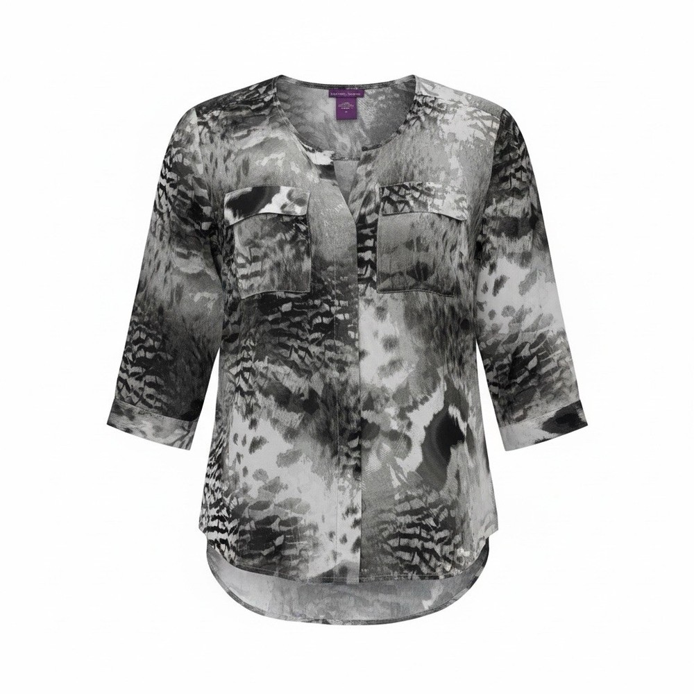 Animal Print Blouse Women's 1X Beverly Drive Button Up Black White Grey EUC