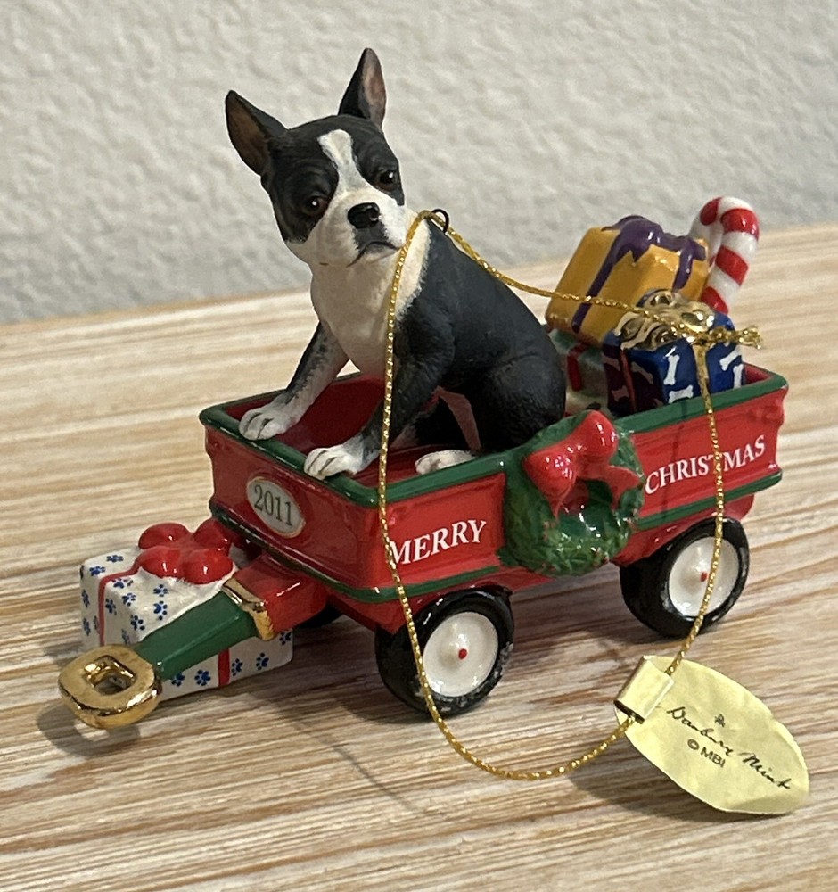 DANBURY MINT w/BOX BOSTON TERRIER DOG A Waggin' Holiday 2011 CHRISTMAS ORNAMENT