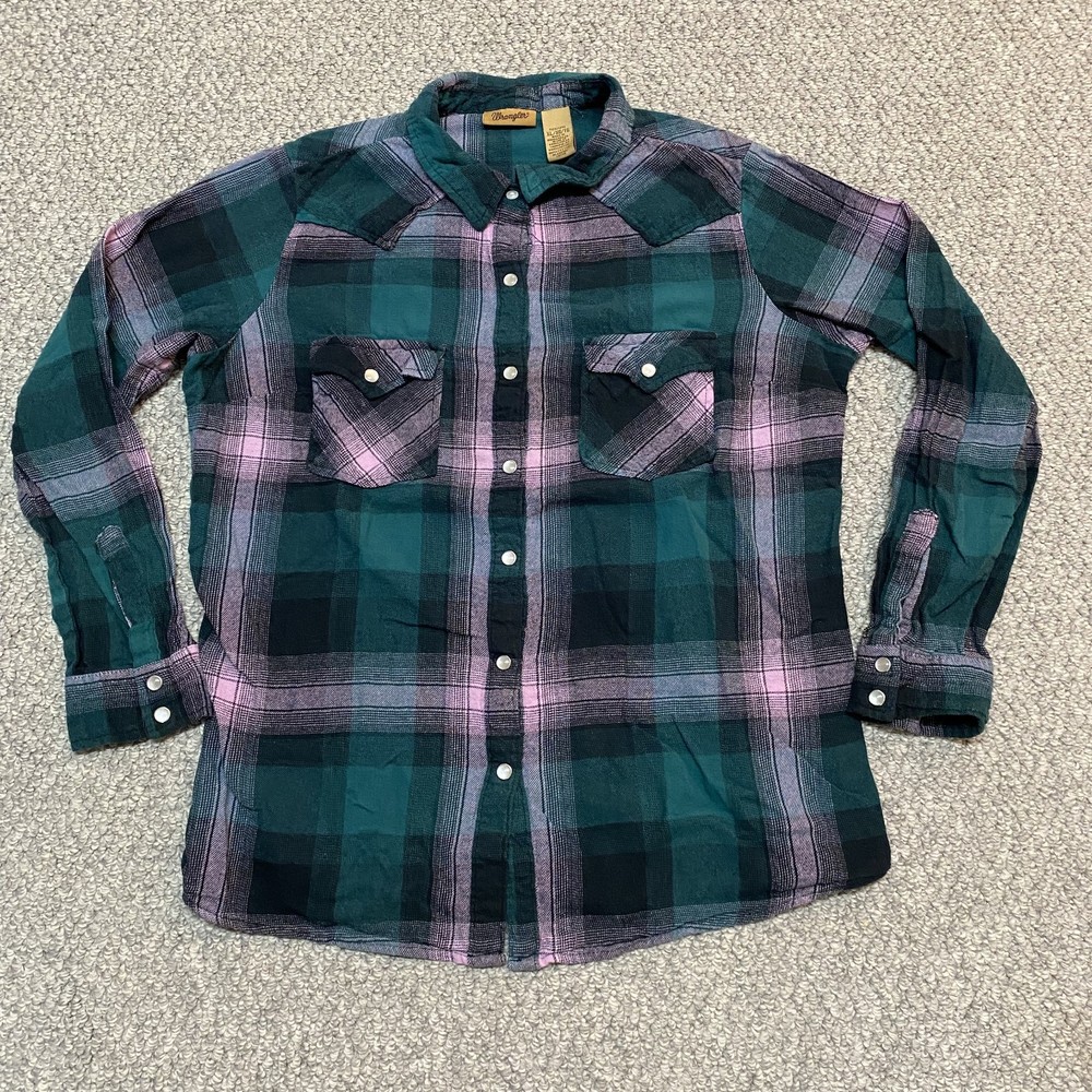 Wrangler Western Shirt Womens XL Green Black Pink Plaid Pearl Snap Flannel Top